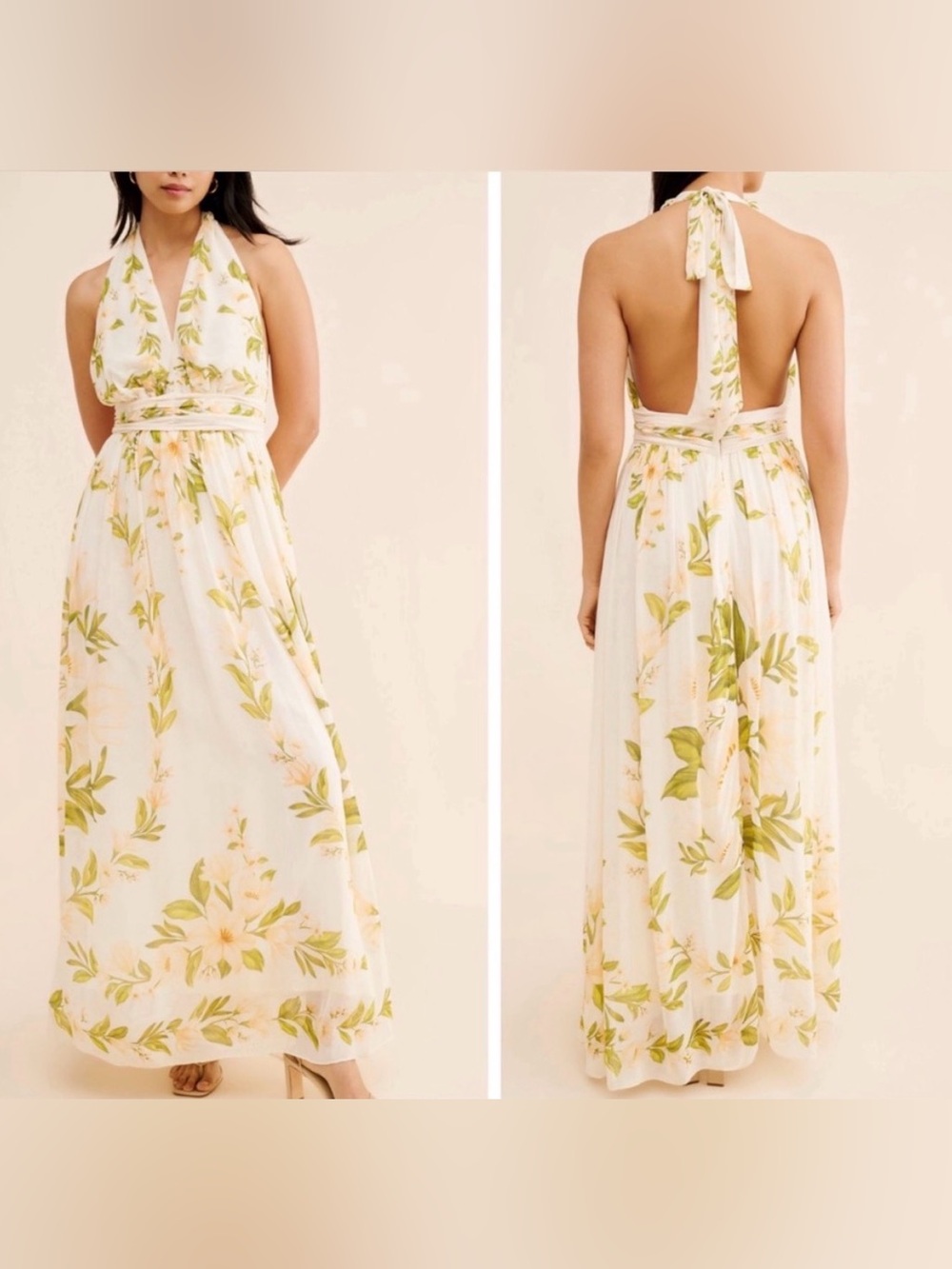 NWT • FARM Rio Cream Halter Maxi Dress with Green & Yellow Floral Print • Size L